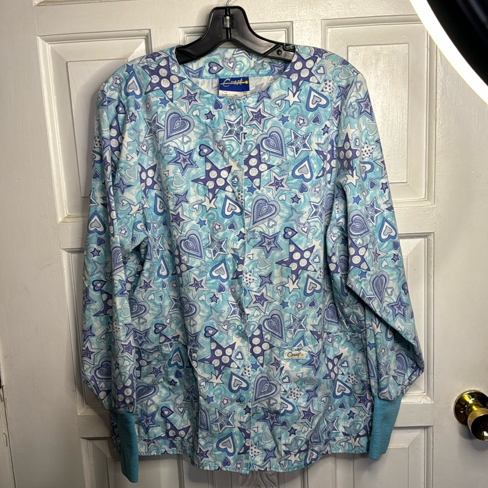 Scrub Jacket Stars & Heart Designs Button Down Front Size XS